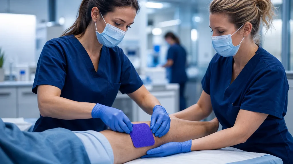 Two clinicians applying a Hydrofera Blue dressing