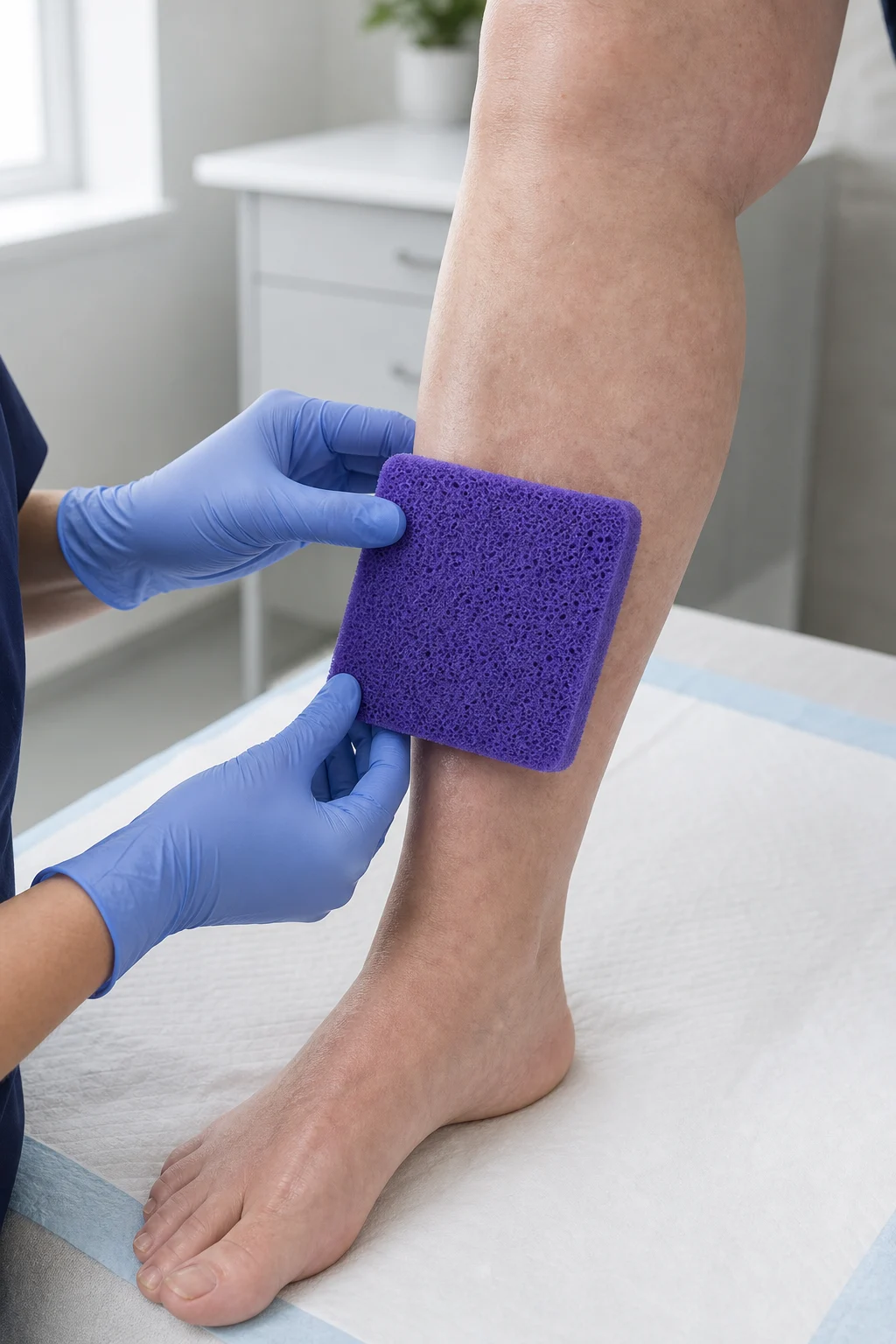 Clinician applying a thick Hydrofera Blue COMFORTCEL foam dressing to a patient lower leg