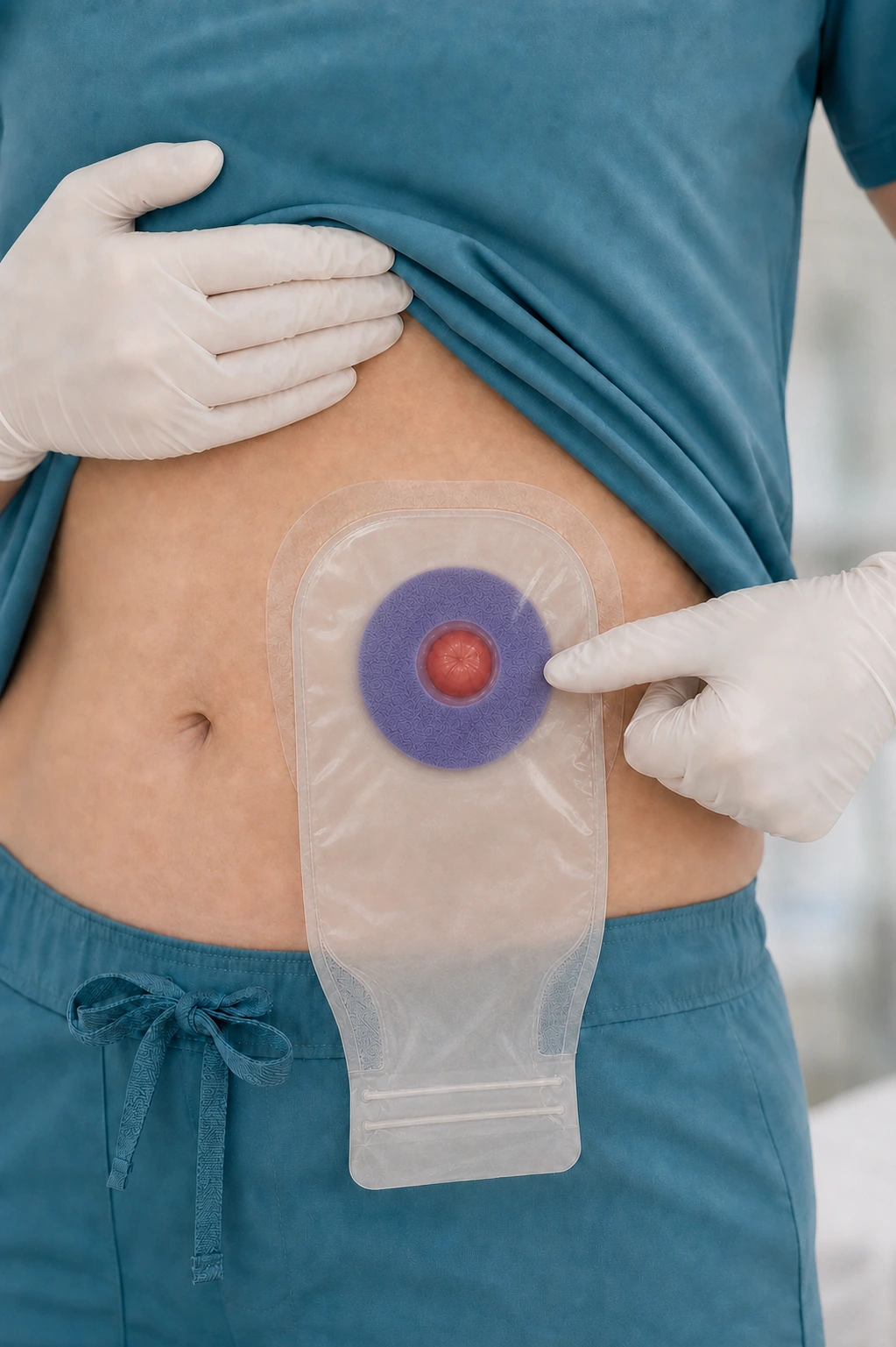 Hydrofera Blue CLASSIC Ostomy foam ring fitted beneath an ostomy pouch on a patient
