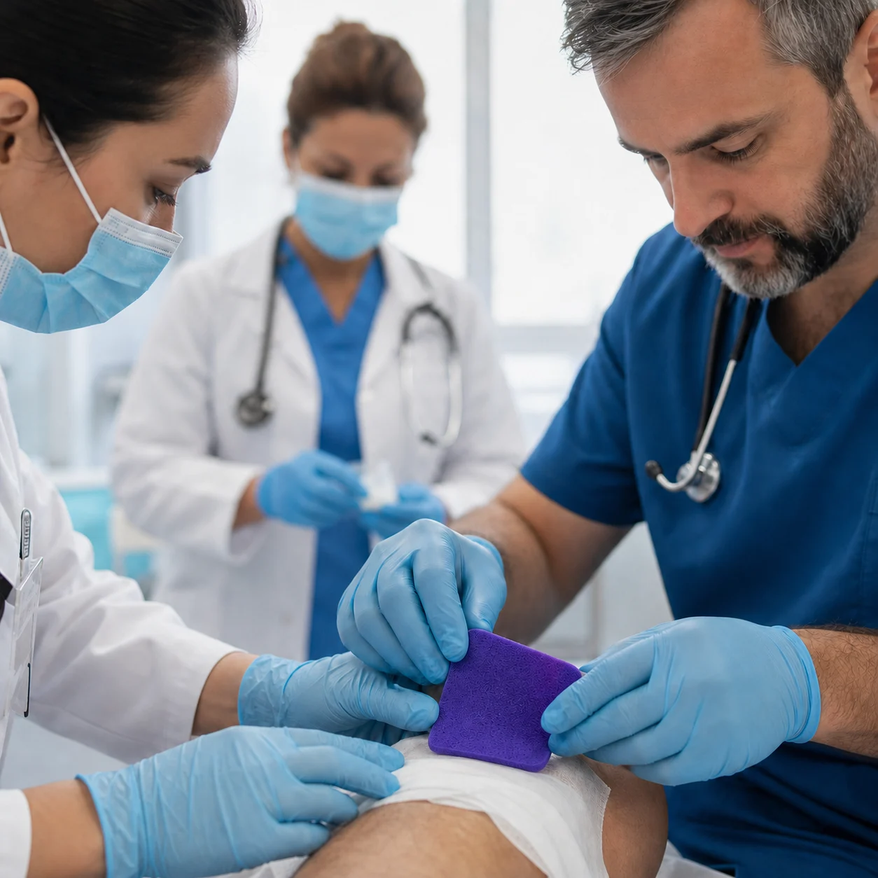 Clinical team applying a Hydrofera Blue CLASSIC dressing