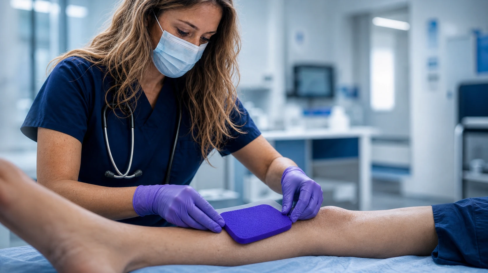 Clinician applying a Hydrofera Blue dressing during patient care